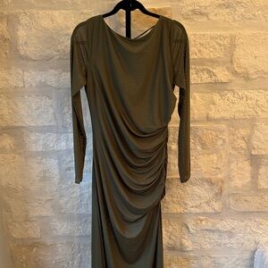 Olive Long Sleeve Draped Ruched Midi Dress